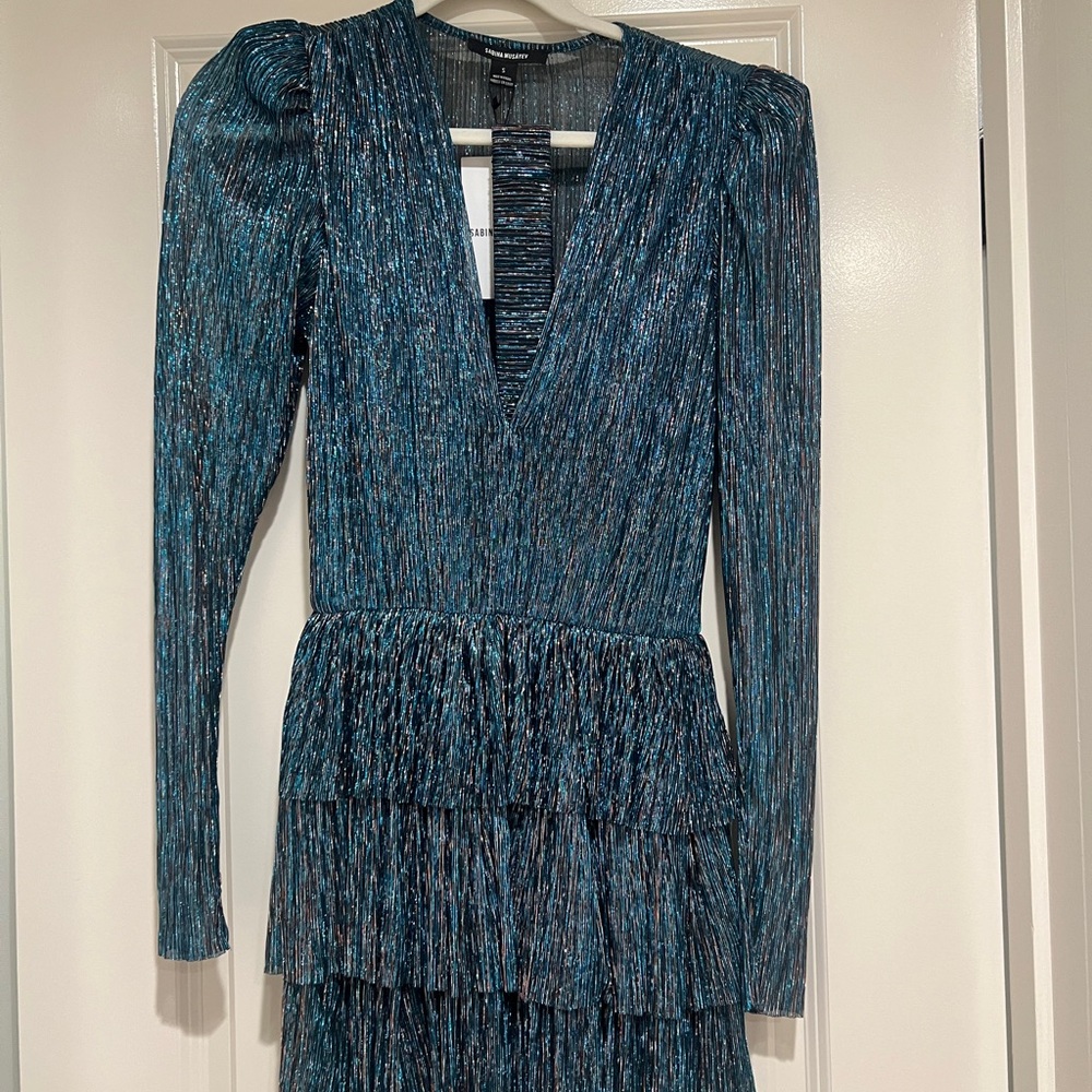 Sabrina Musayev Carry mini dress in blue/green metallic NWT.